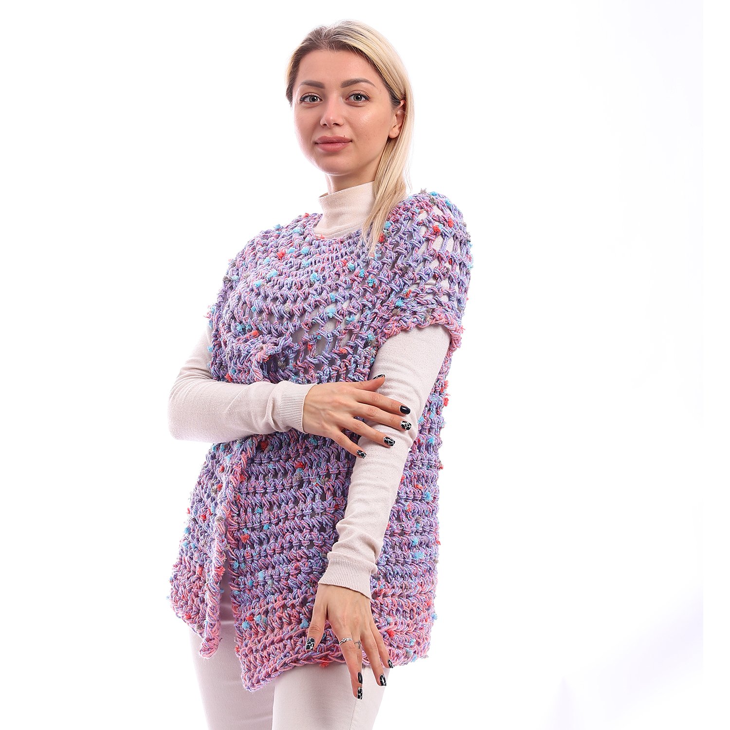 Wool Crochet Handmade Over Lap Mix Flowers Vest Poncho - Image 3