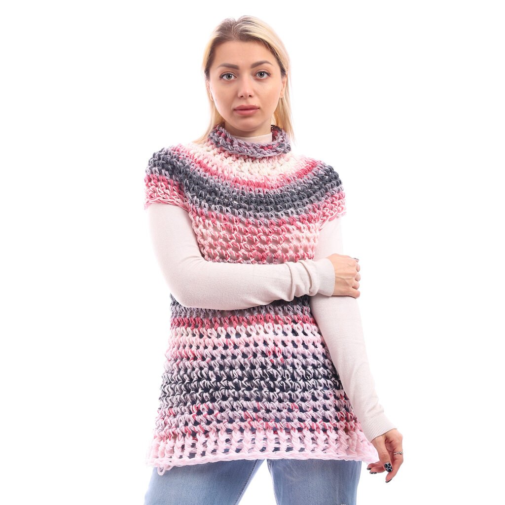 Wool High Collar Pullover Cap Sleeves Crochet Handmade