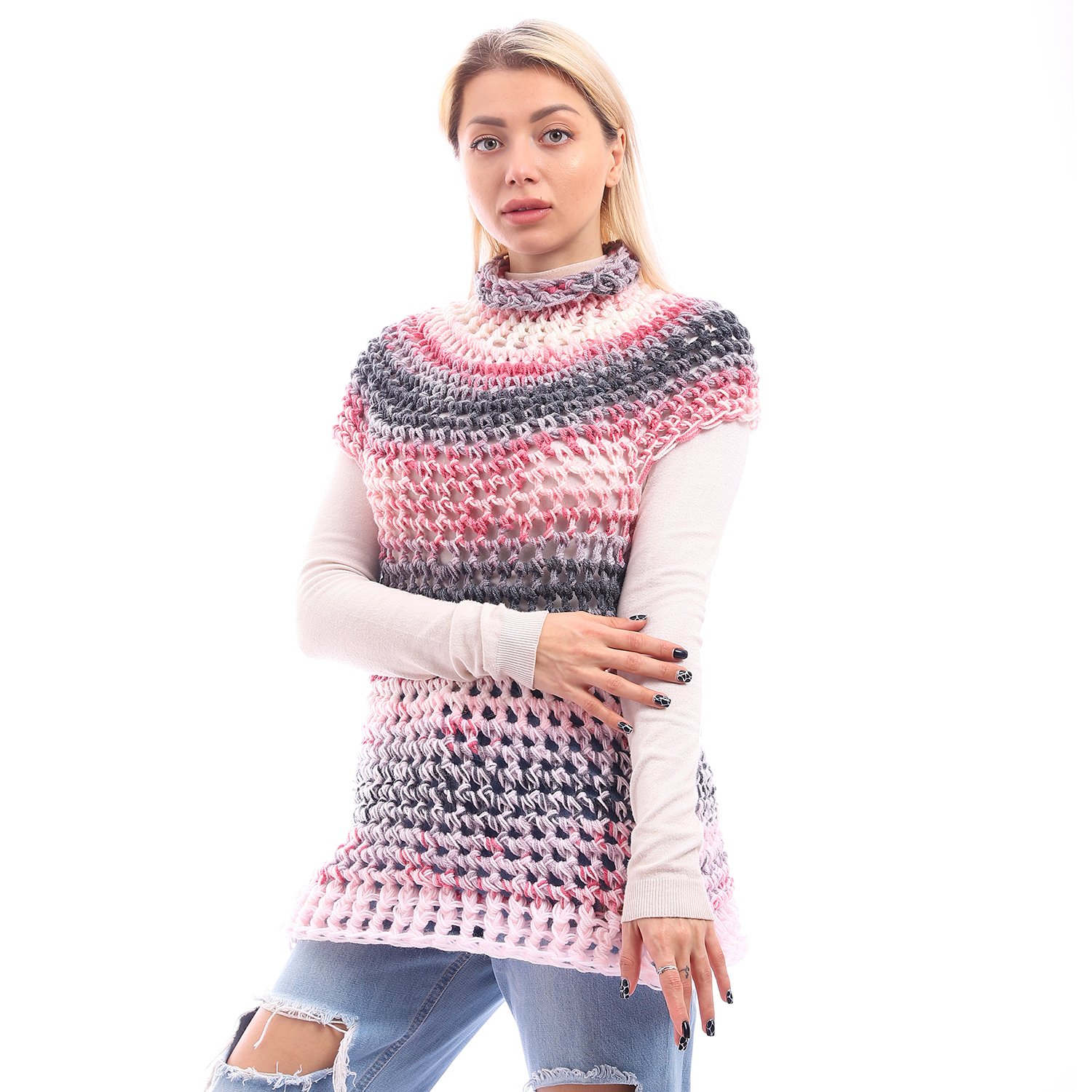 Wool High Collar Sweater Cap Sleeves Crochet Handmade - Image 4