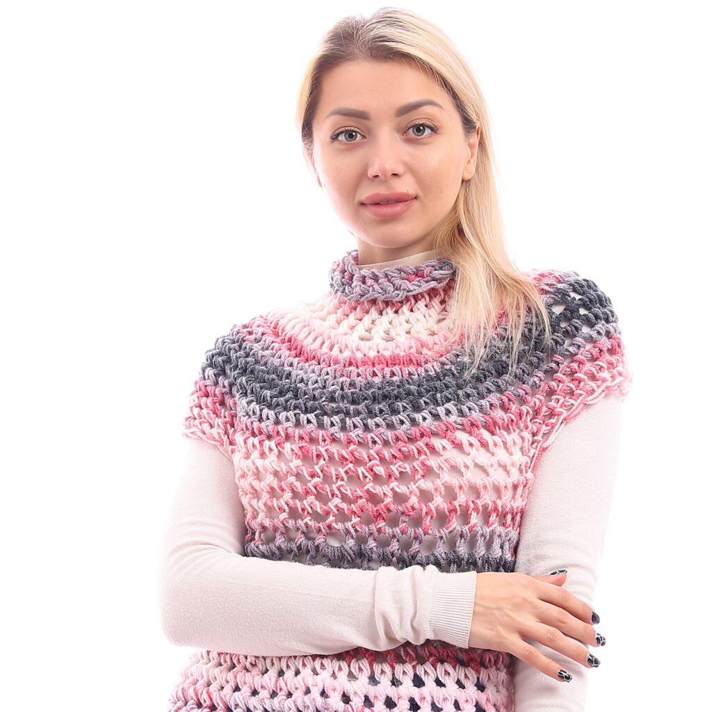Wool High Collar Pullover Cap Sleeves Crochet Handmade