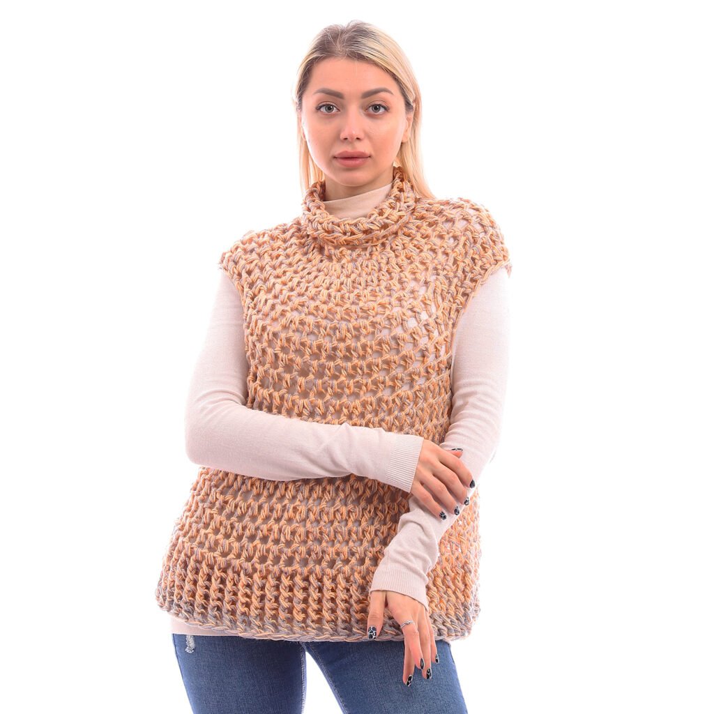 Wool High Collar Pullover Cap Sleeves Crochet Handmade