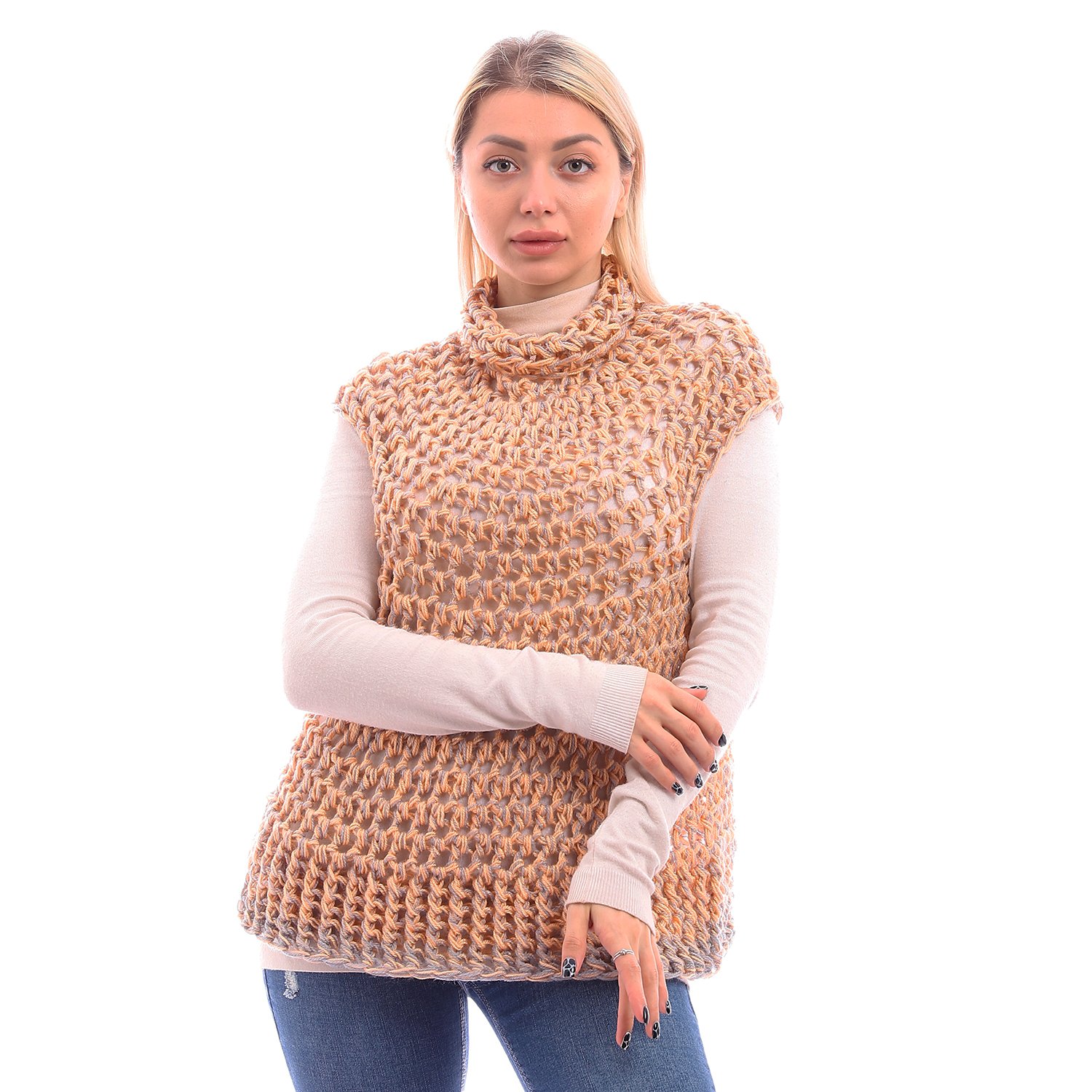 Wool High Collar Sweater Cap Sleeves Crochet Handmade - Image 1