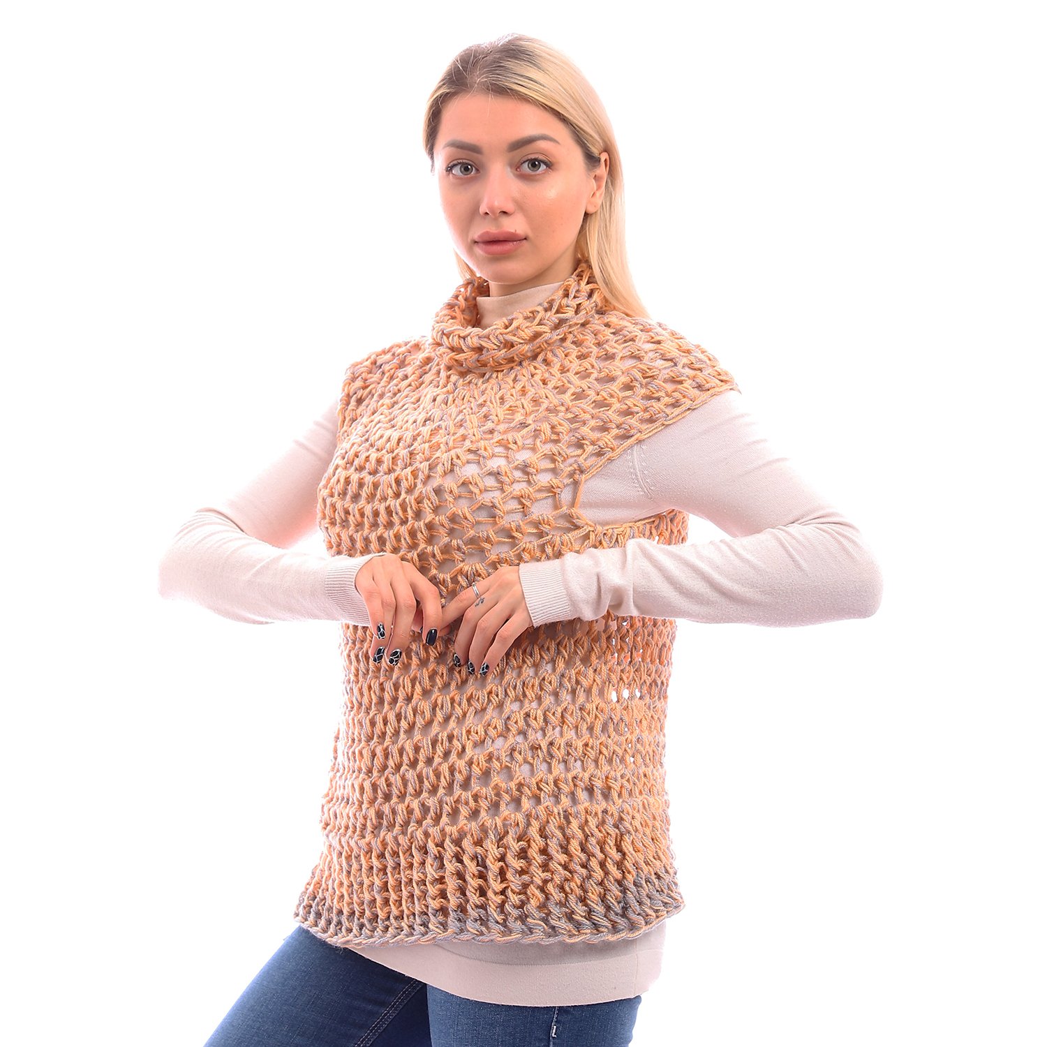 Wool High Collar Sweater Cap Sleeves Crochet Handmade - Image 4