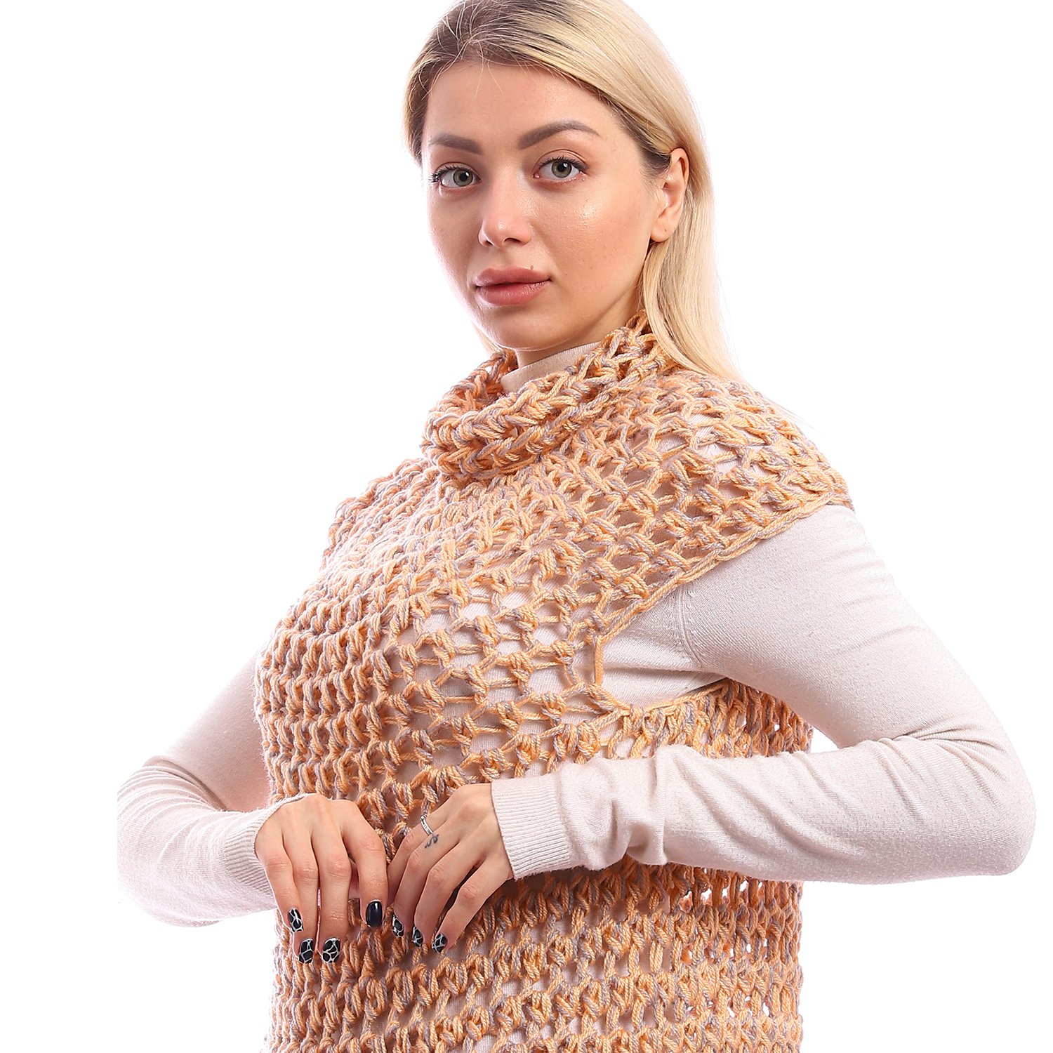 Wool High Collar Sweater Cap Sleeves Crochet Handmade - Image 2