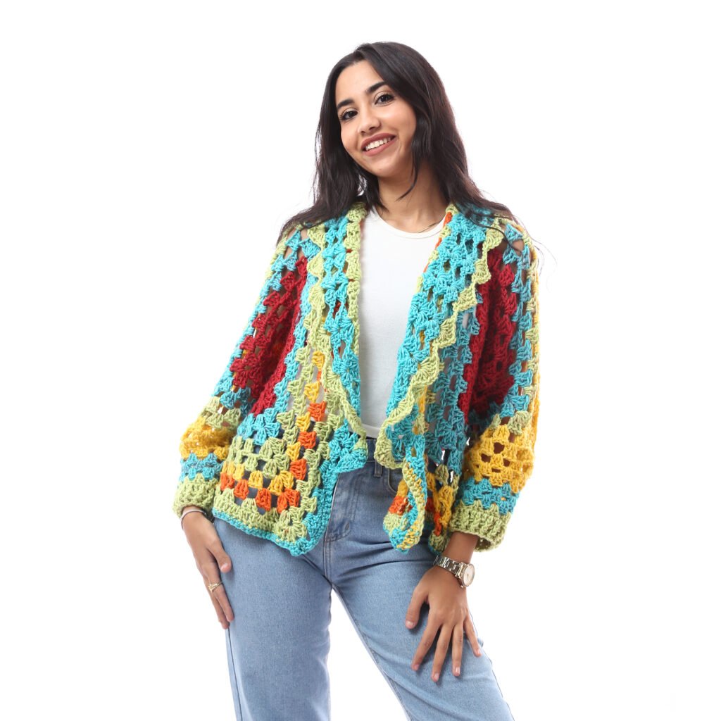 Colorful Wool Trendy Open Cardigan  Crochet Handmade