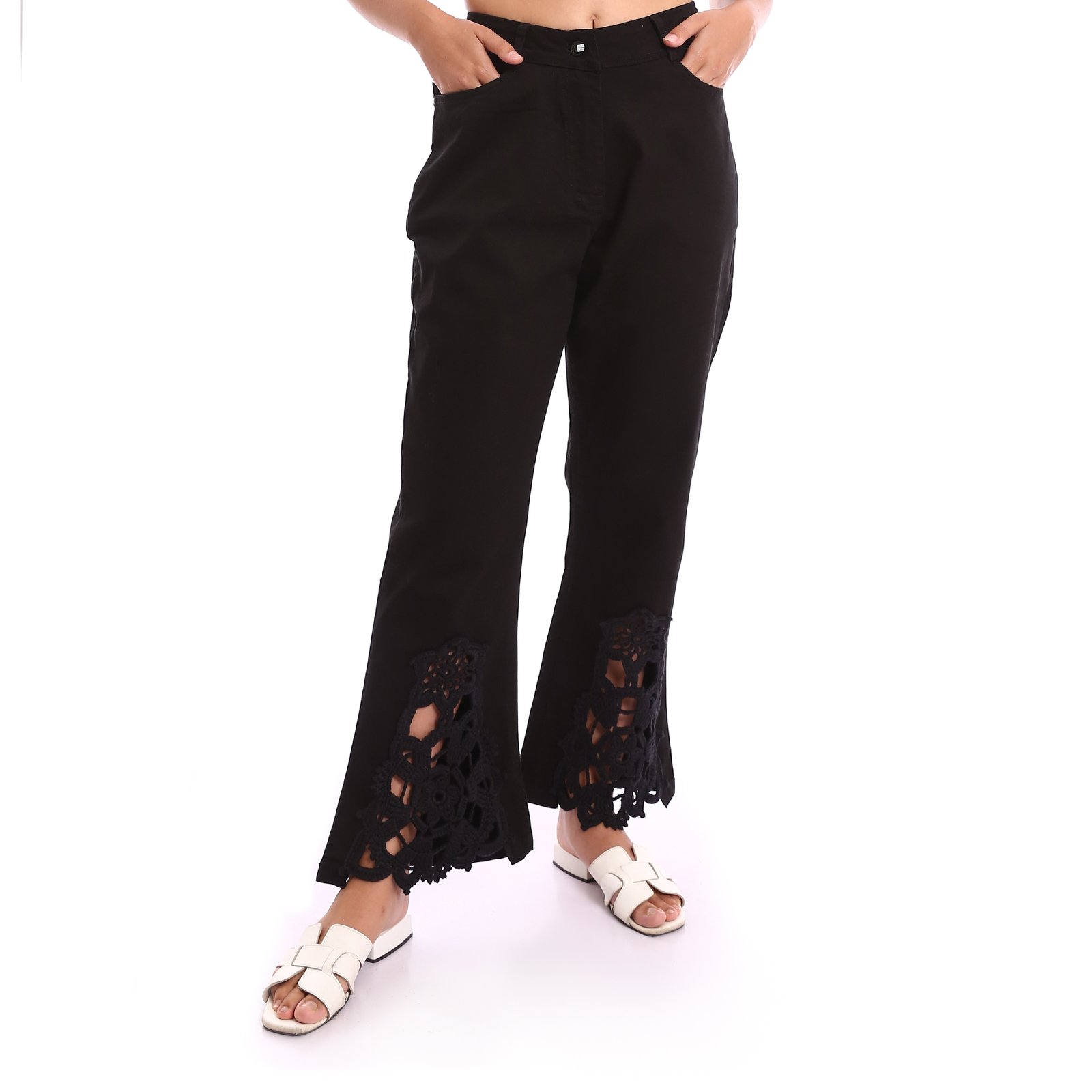 Bell leg Gabardine Cotton Lycra Kik bootcut leg Decorated Flare Crochet Handmade Trousers - Image 1