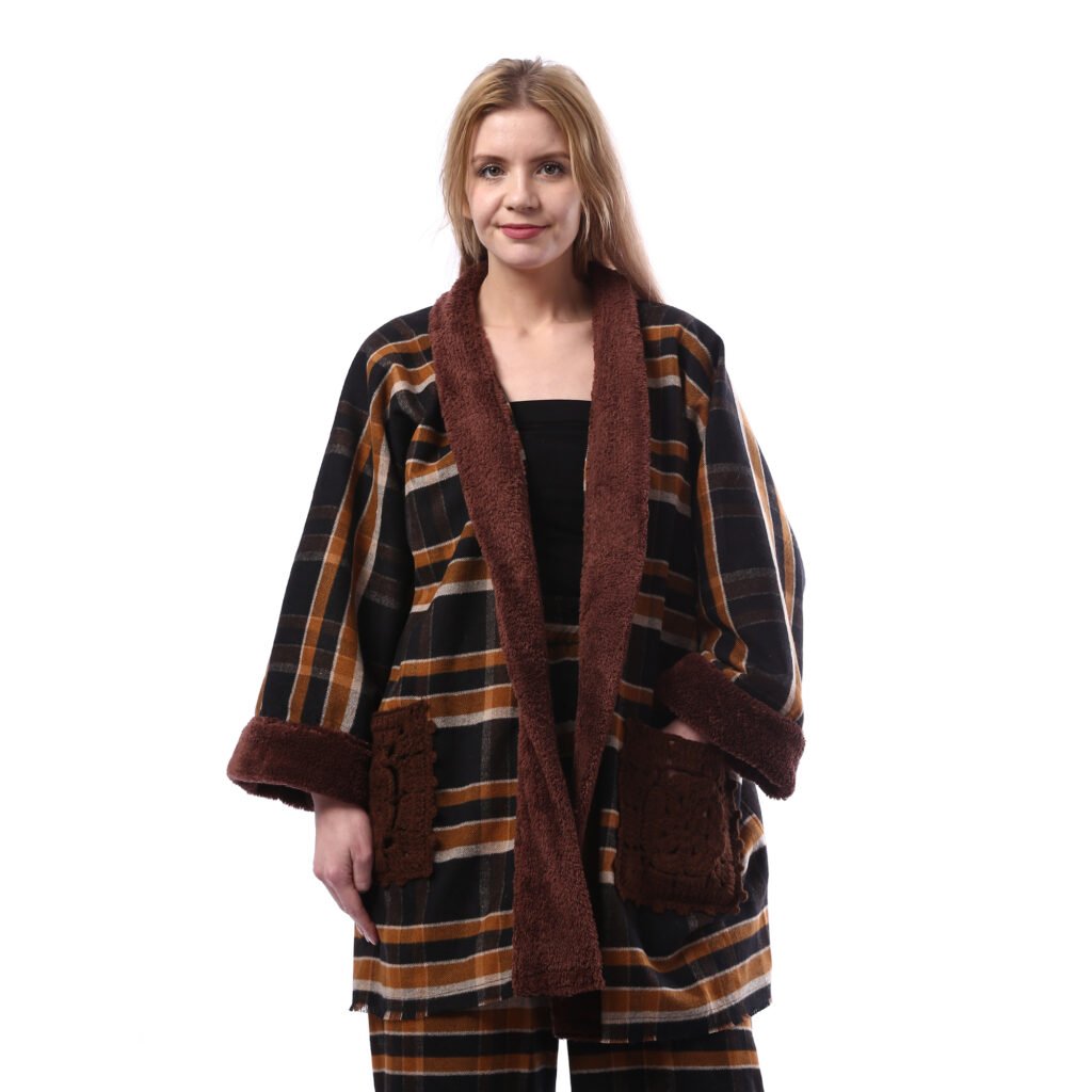 Checks Gogh Wool Open Jacket Double Face Side Pockets Crochet