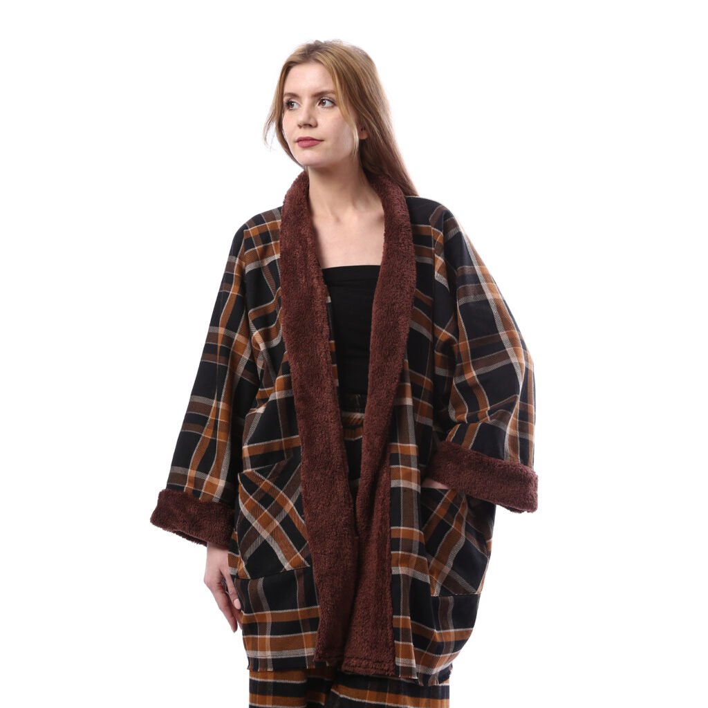 Checks Gogh Wool Open Jacket Double Face Side Pockets Crochet
