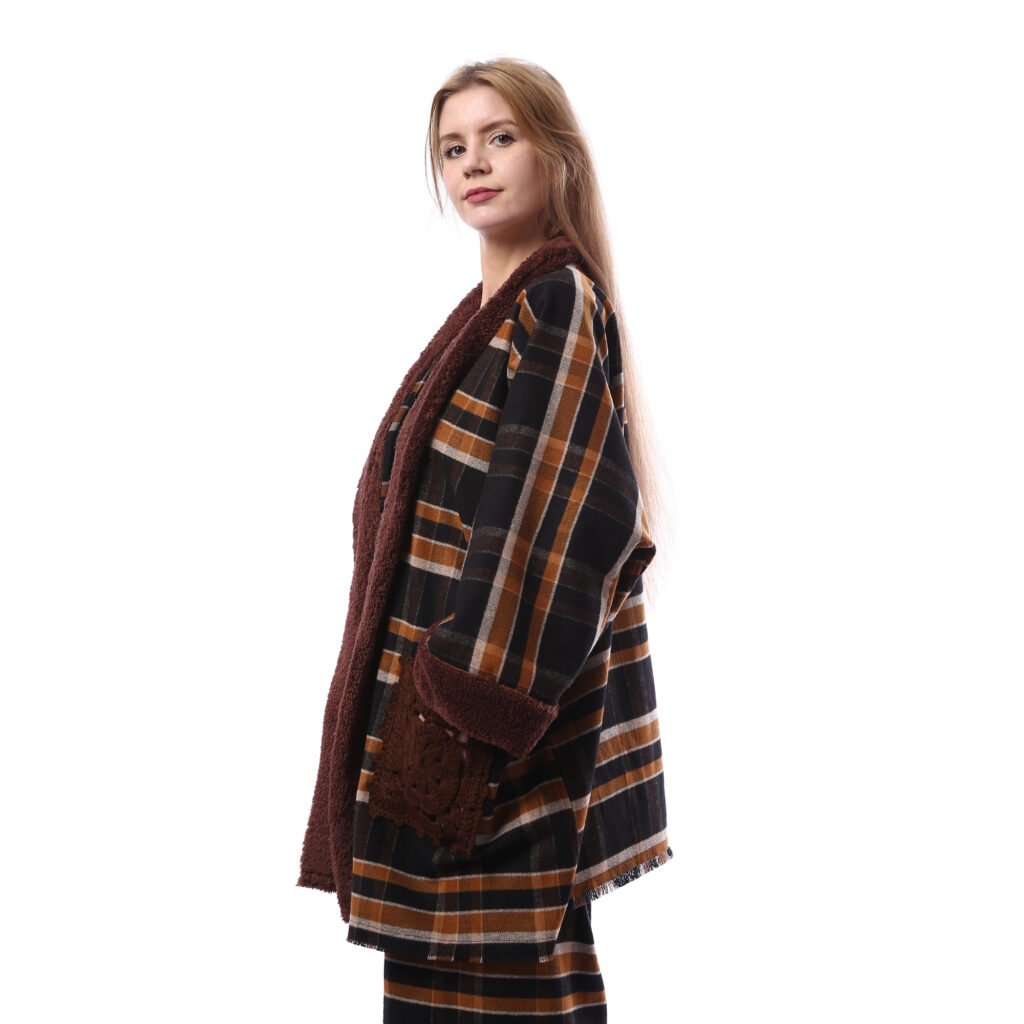 Checks Gogh Wool Open Jacket Double Face Side Pockets Crochet