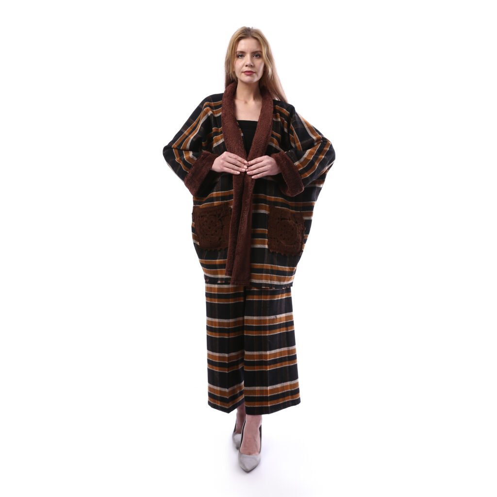 Checks Gogh Wool Open Jacket Double Face Side Pockets Crochet