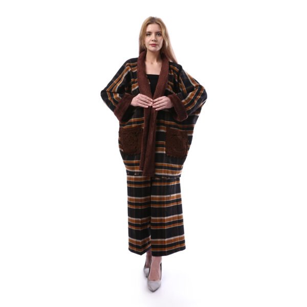 Checks Gogh Wool Open Jacket Double Face Side Pockets Crochet