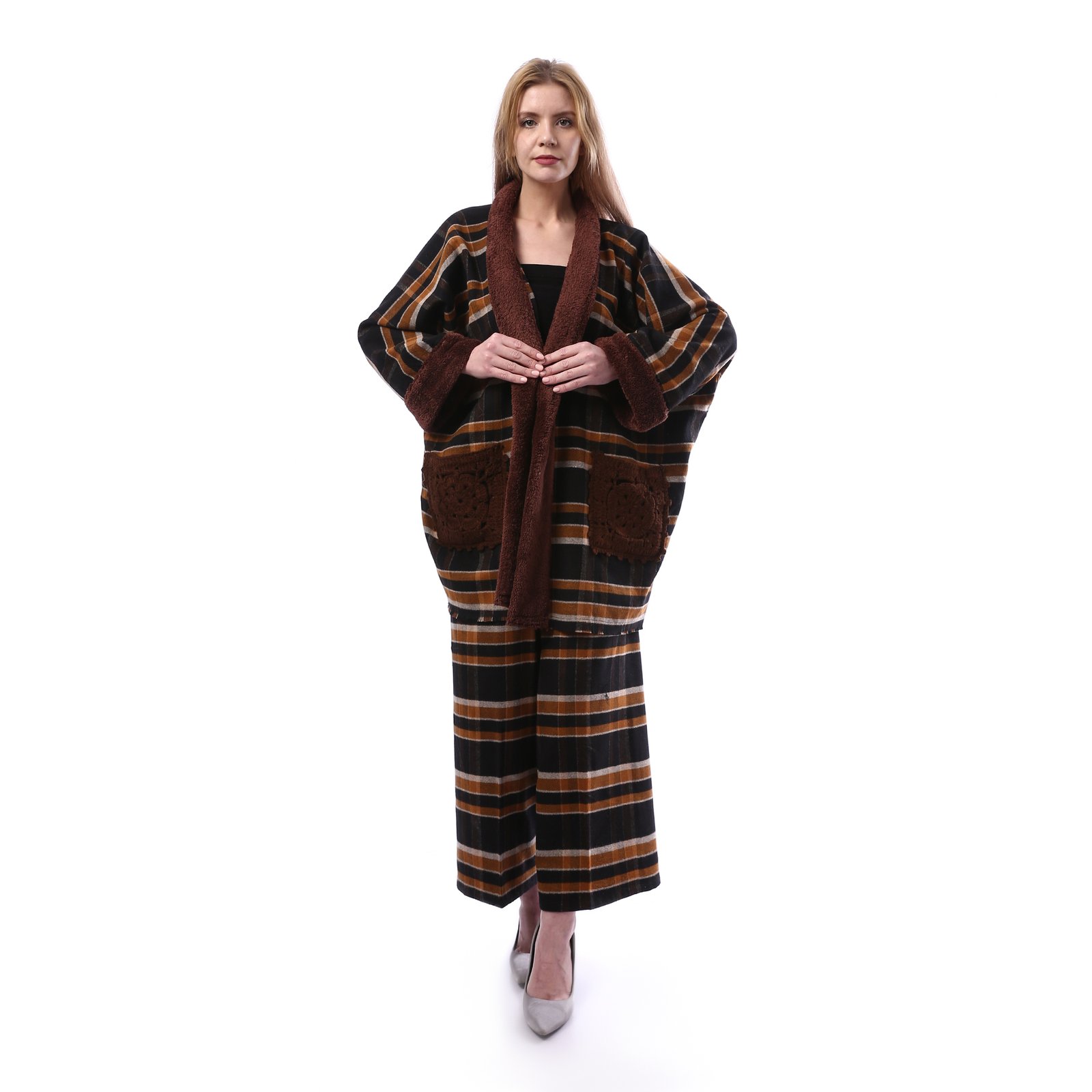 Checks Gogh Wool Open Jacket Double Face Side Pockets Crochet - Image 4