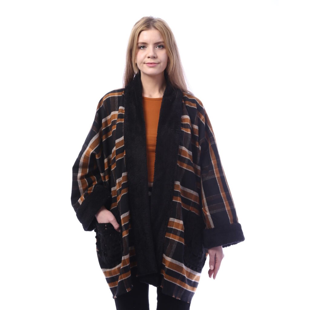 Checks Gogh Wool Open Jacket Double Face Side Pockets Crochet
