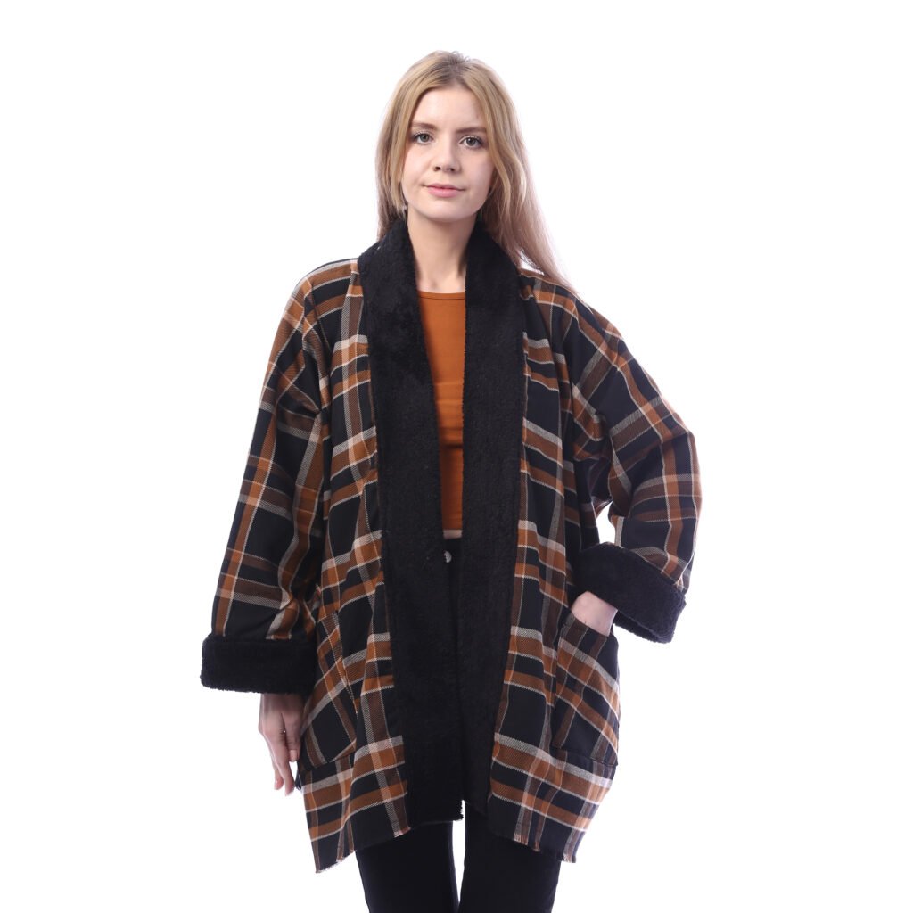 Checks Gogh Wool Open Jacket Double Face Side Pockets Crochet