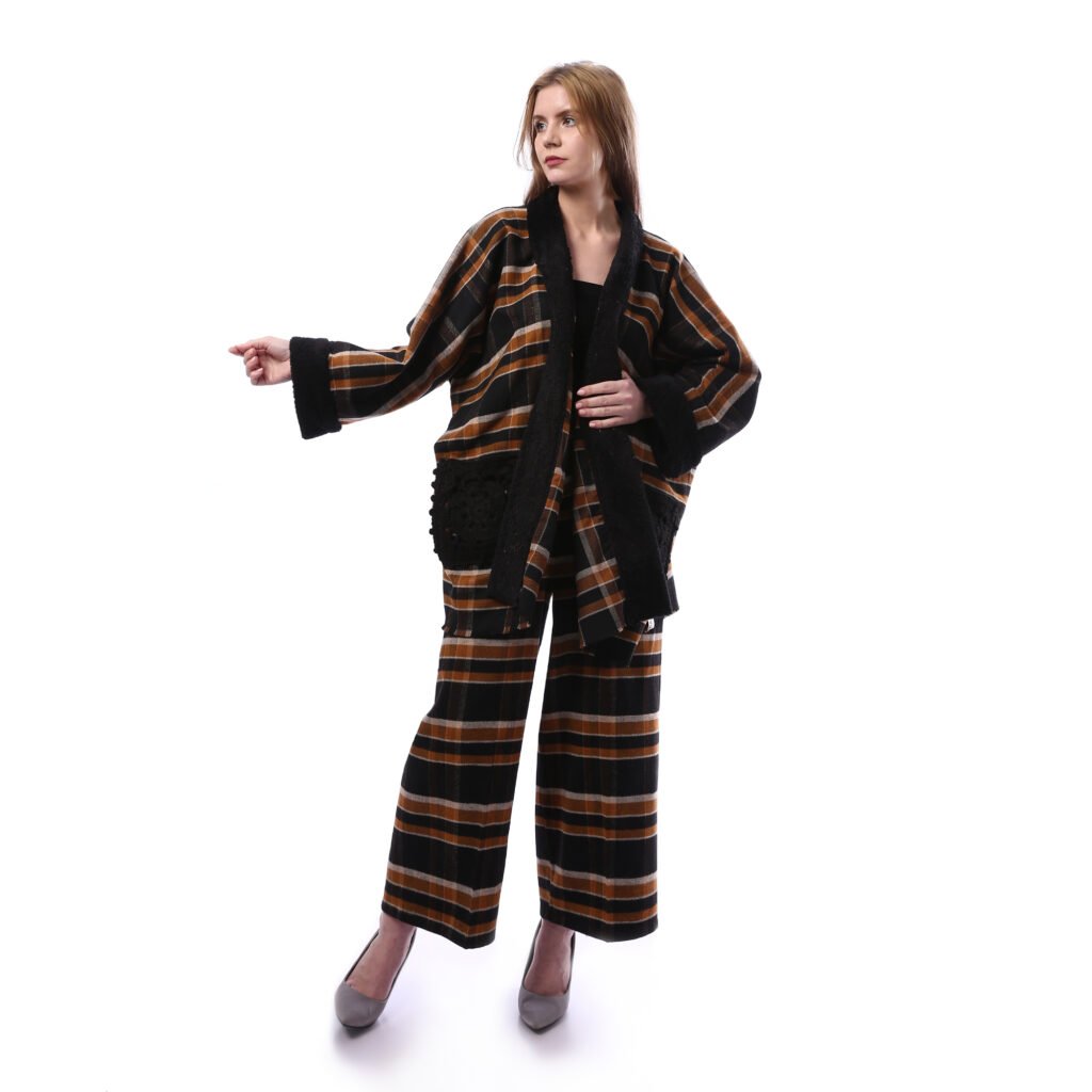 Checks Gogh Wool Open Jacket Double Face Side Pockets Crochet
