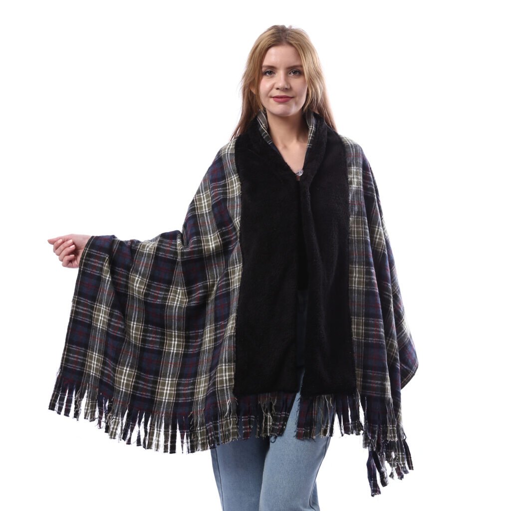 Buttoned Checks Gogh Wool Shawl Fur Collar