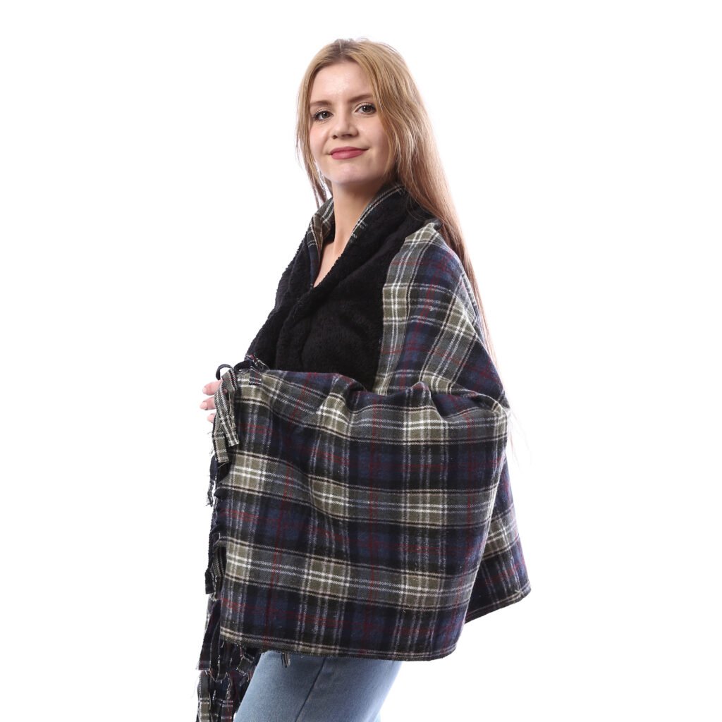 Buttoned Checks Gogh Wool Shawl Fur Collar