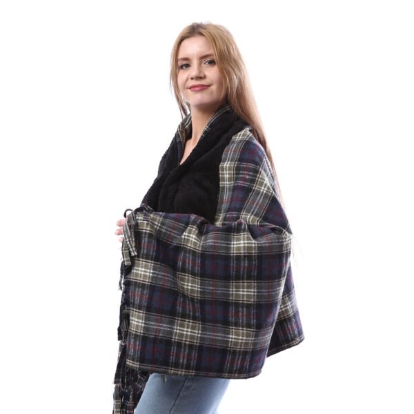 Buttoned Checks Gogh Wool Shwal Fur Collar