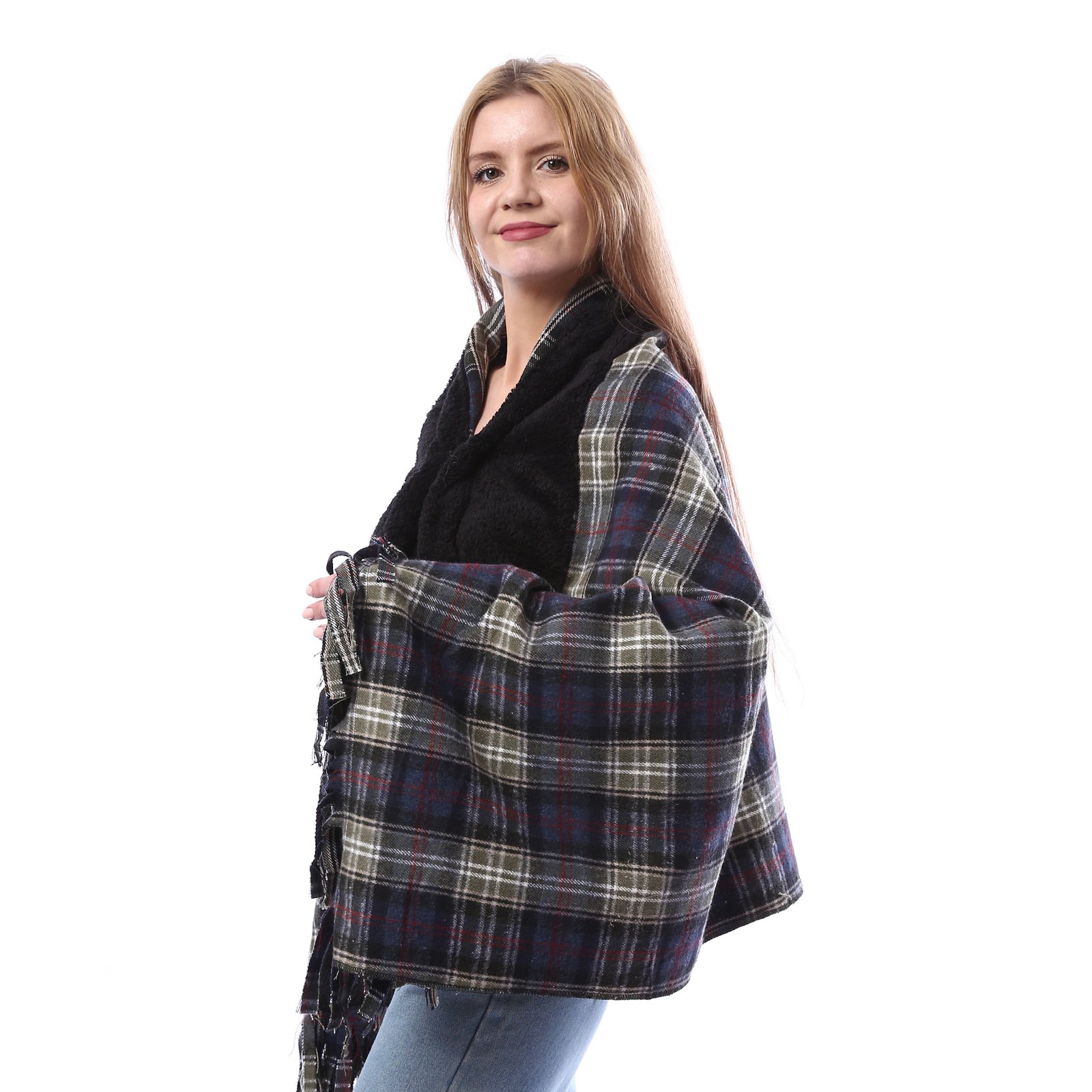 Buttoned Checks Gogh Wool Shwal Fur Collar - Image 2