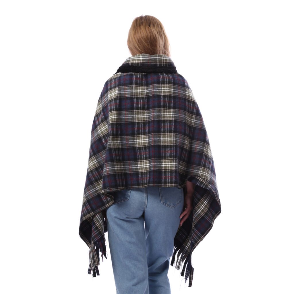 Buttoned Checks Gogh Wool Shawl Fur Collar