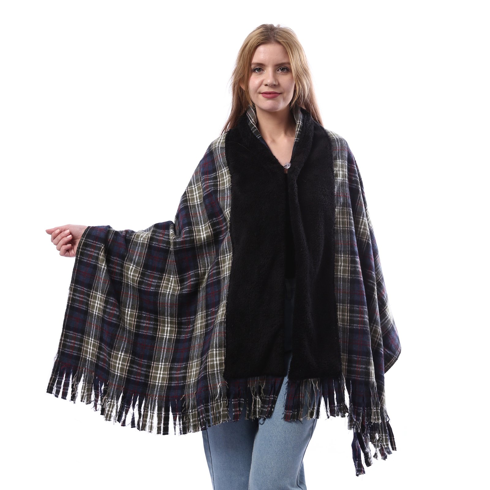 Buttoned Checks Gogh Wool Shwal Fur Collar - Image 1