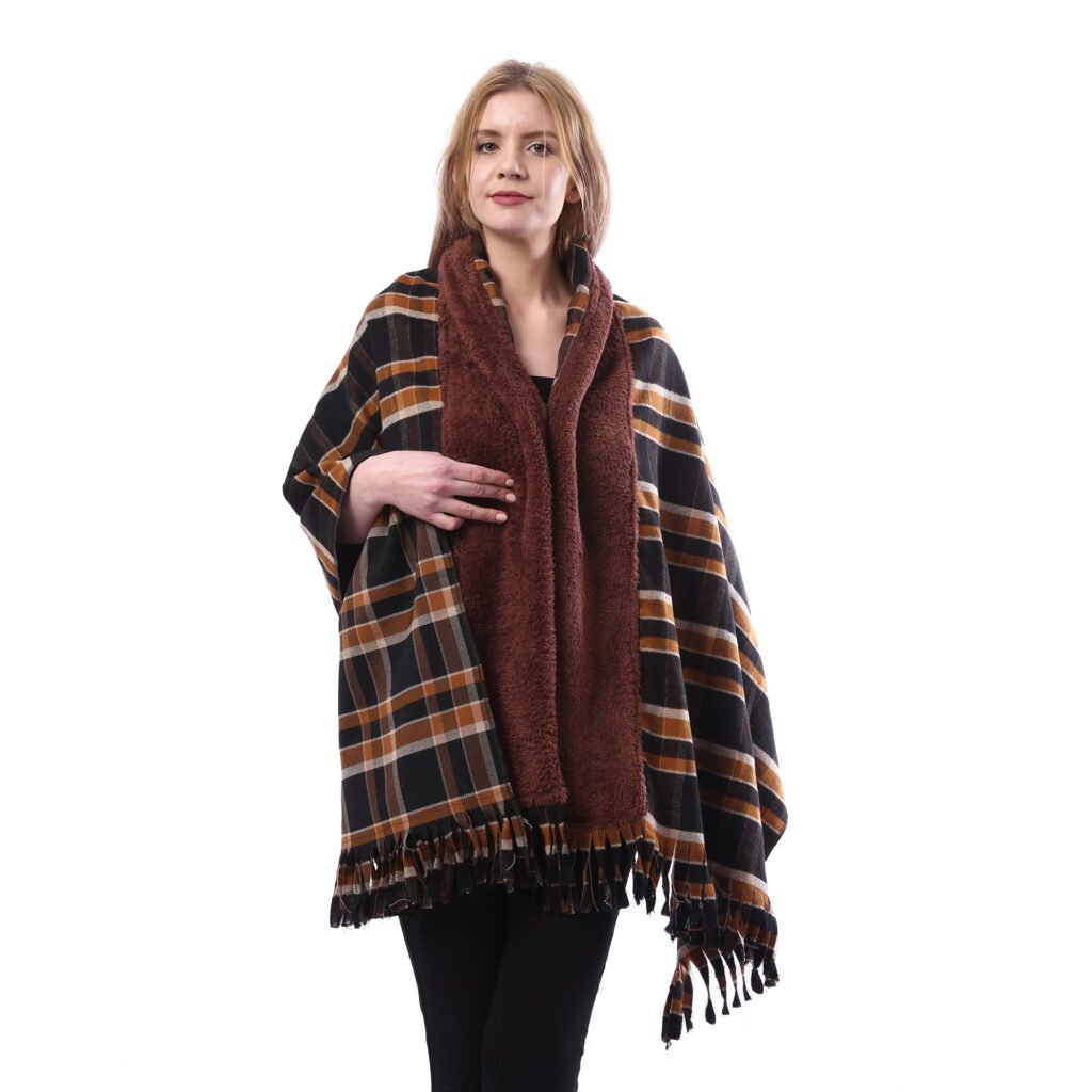 Buttoned Checks Gogh Wool Shawl Fur Collar
