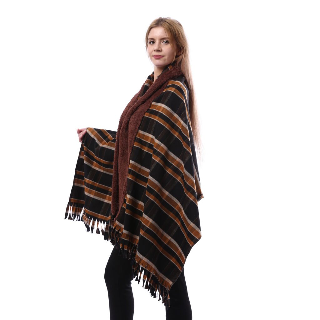 Buttoned Checks Gogh Wool Shawl Fur Collar