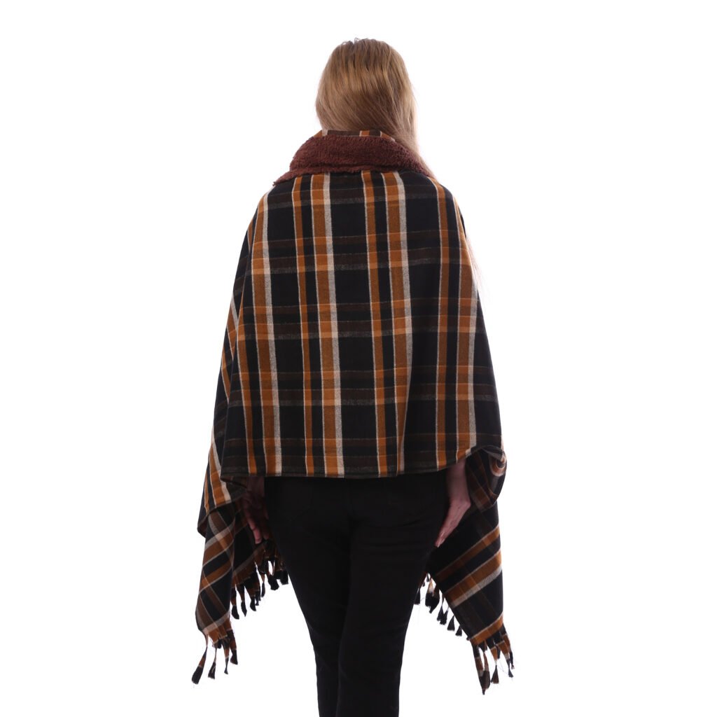 Buttoned Checks Gogh Wool Shawl Fur Collar