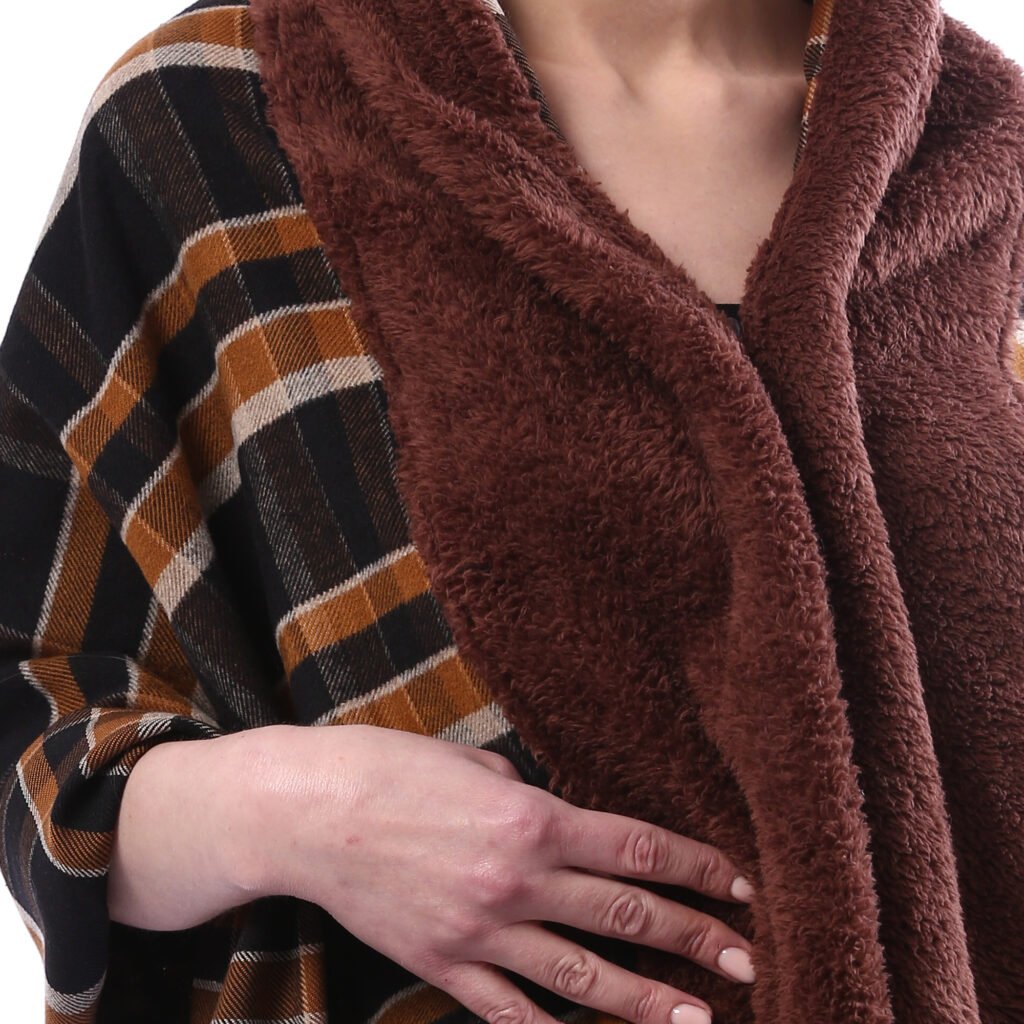 Buttoned Checks Gogh Wool Shawl Fur Collar