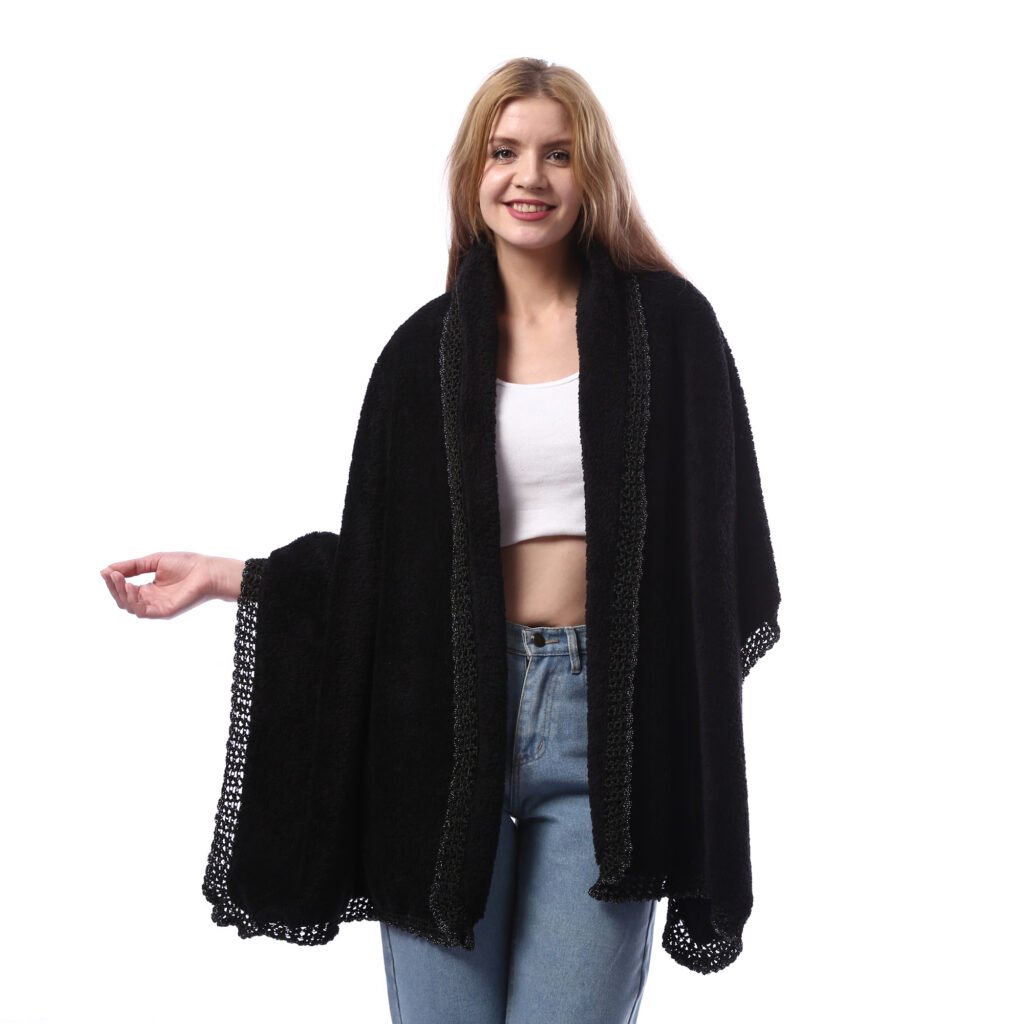 Trendy Rectangular Fur Velvet Shawl Decorated Tape Crochet Handmade