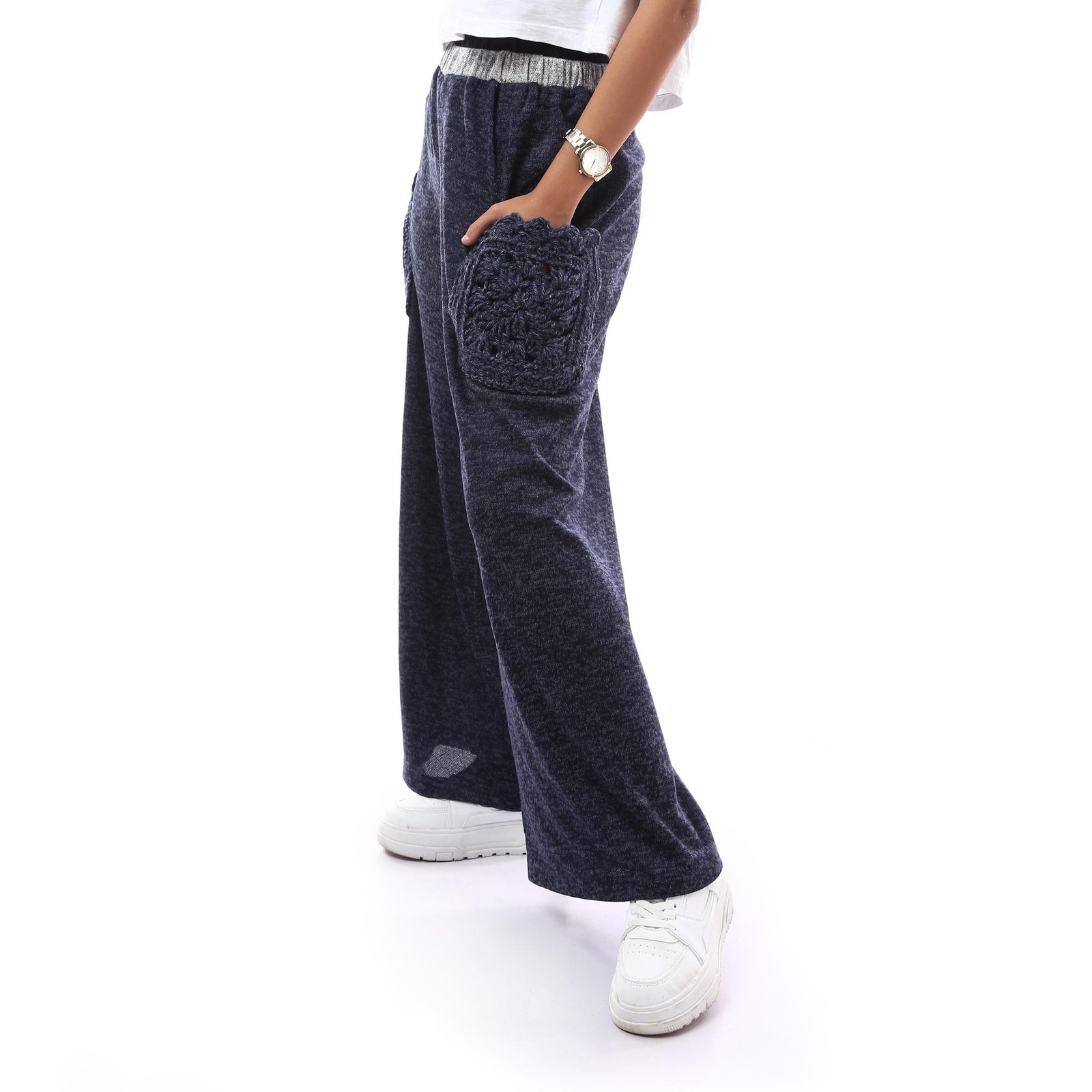 Comfy Wool Trousers Side Pockets Crochet Handmade - Image 3