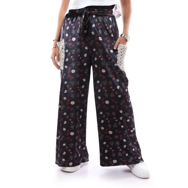 Comfy Floral Velvet Trousers Side Pockets Crochet Handmade