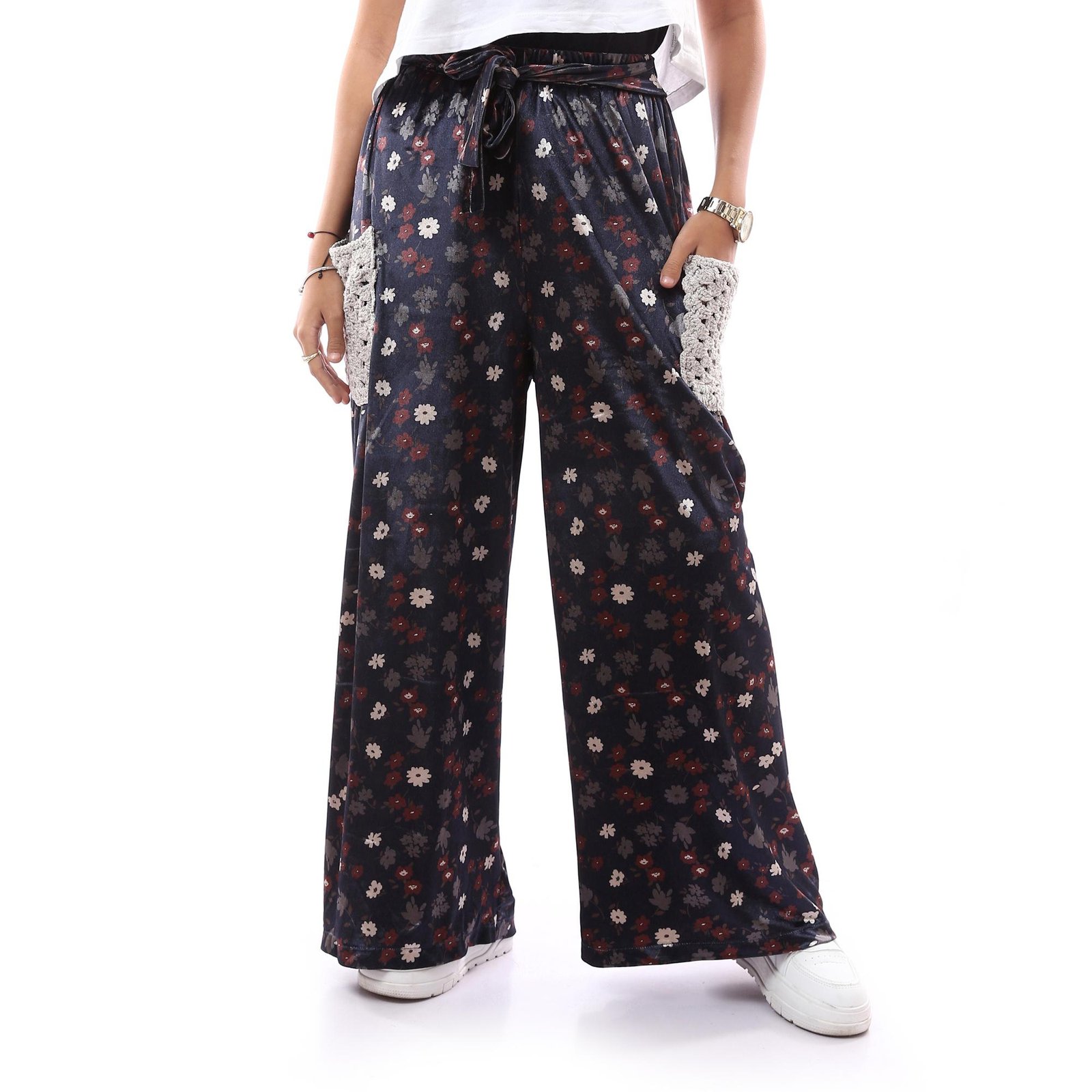 Comfy Floral Velvet Trousers Side Pockets Crochet Handmade - Image 1