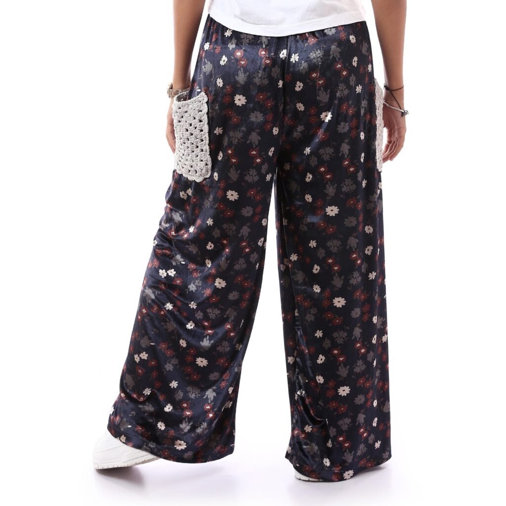 Comfy Floral Velvet Trousers Side Pockets Crochet Handmade