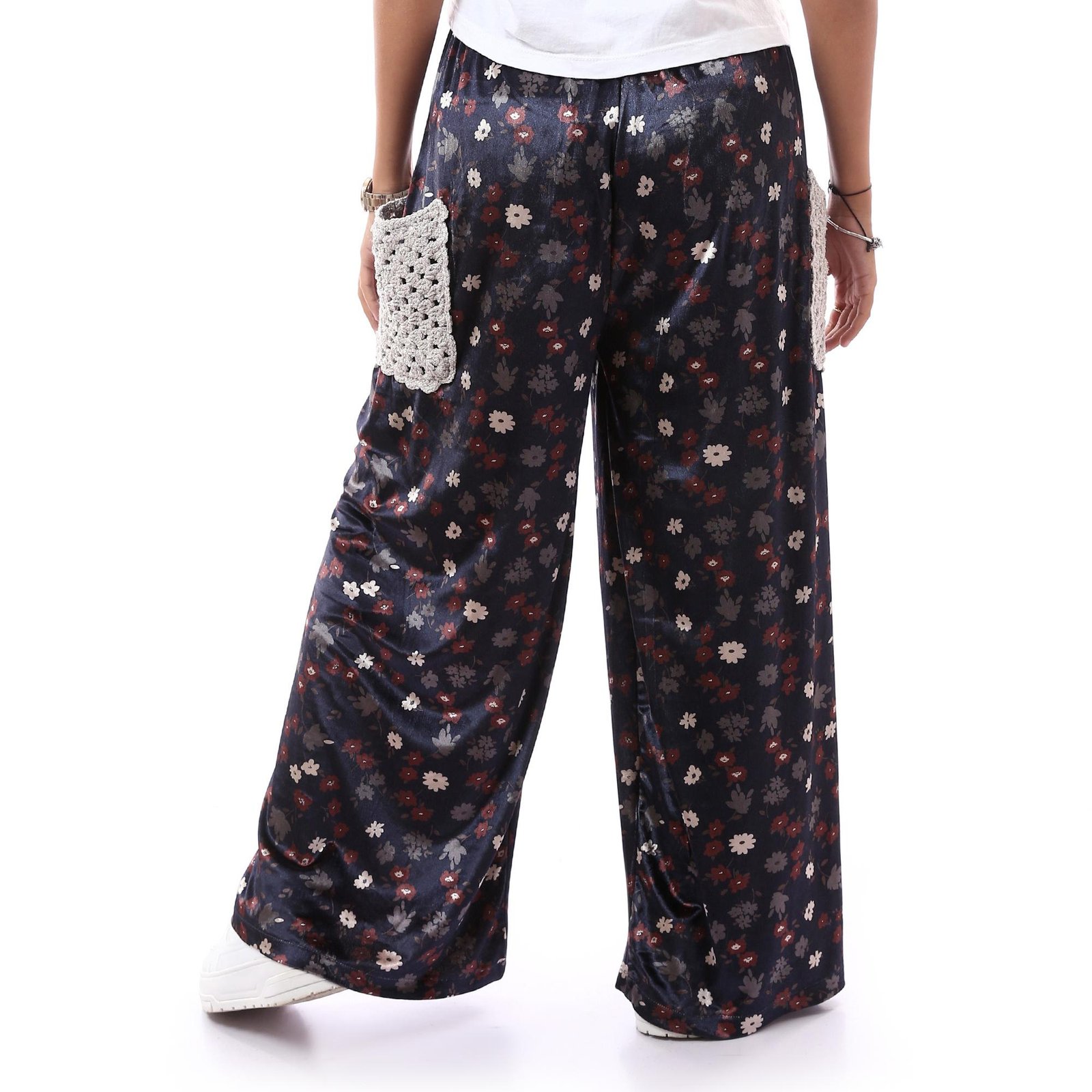 Comfy Floral Velvet Trousers Side Pockets Crochet Handmade - Image 2