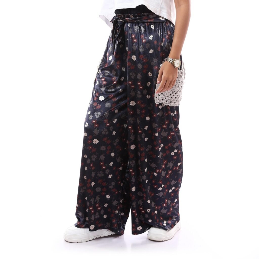 Comfy Floral Velvet Trousers Side Pockets Crochet Handmade