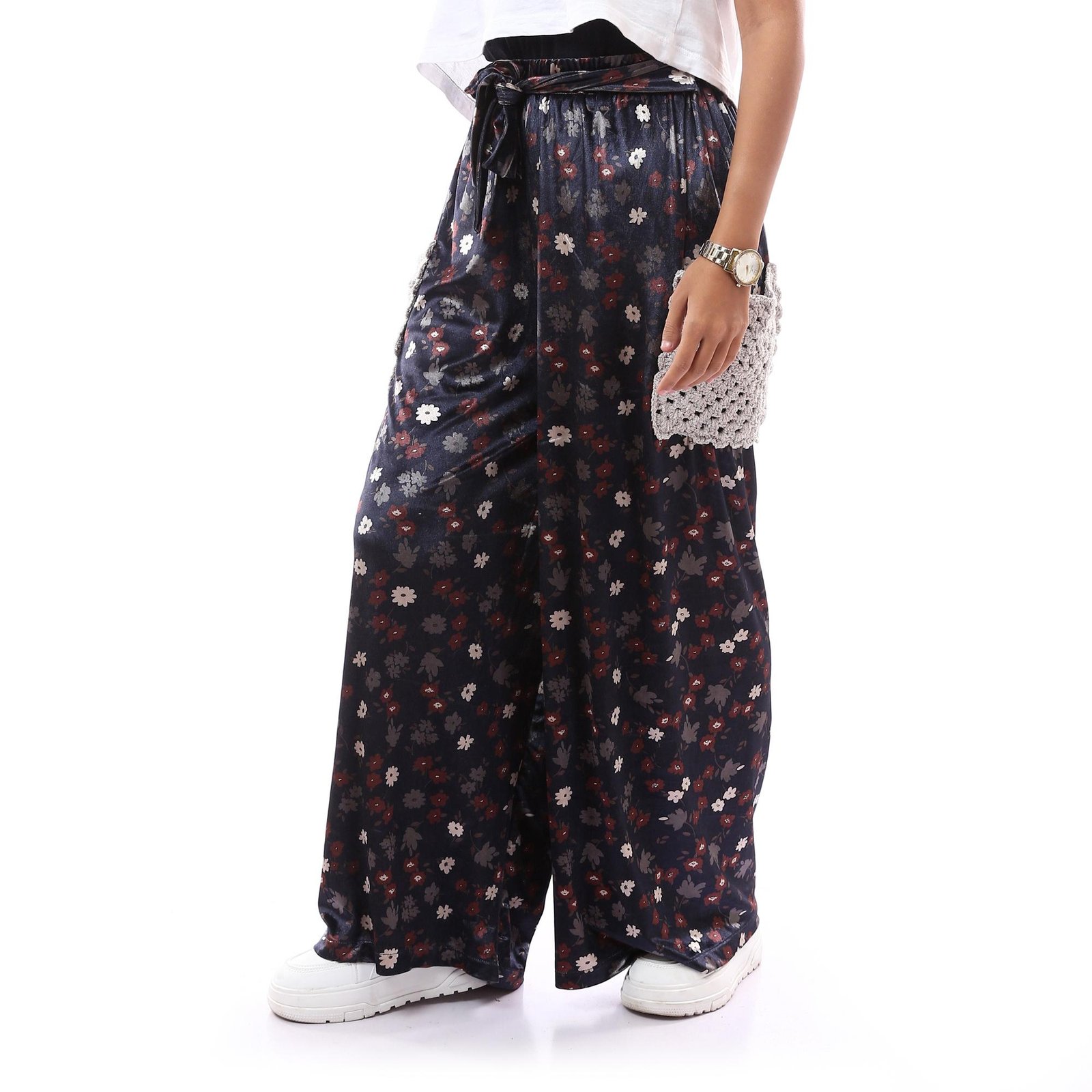 Comfy Floral Velvet Trousers Side Pockets Crochet Handmade - Image 3