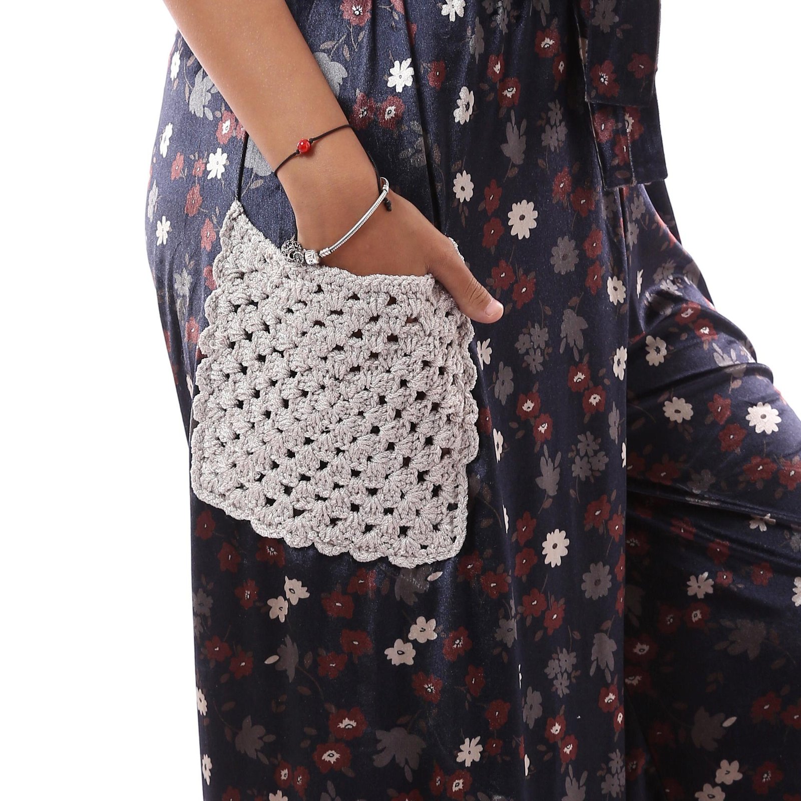 Comfy Floral Velvet Trousers Side Pockets Crochet Handmade - Image 4