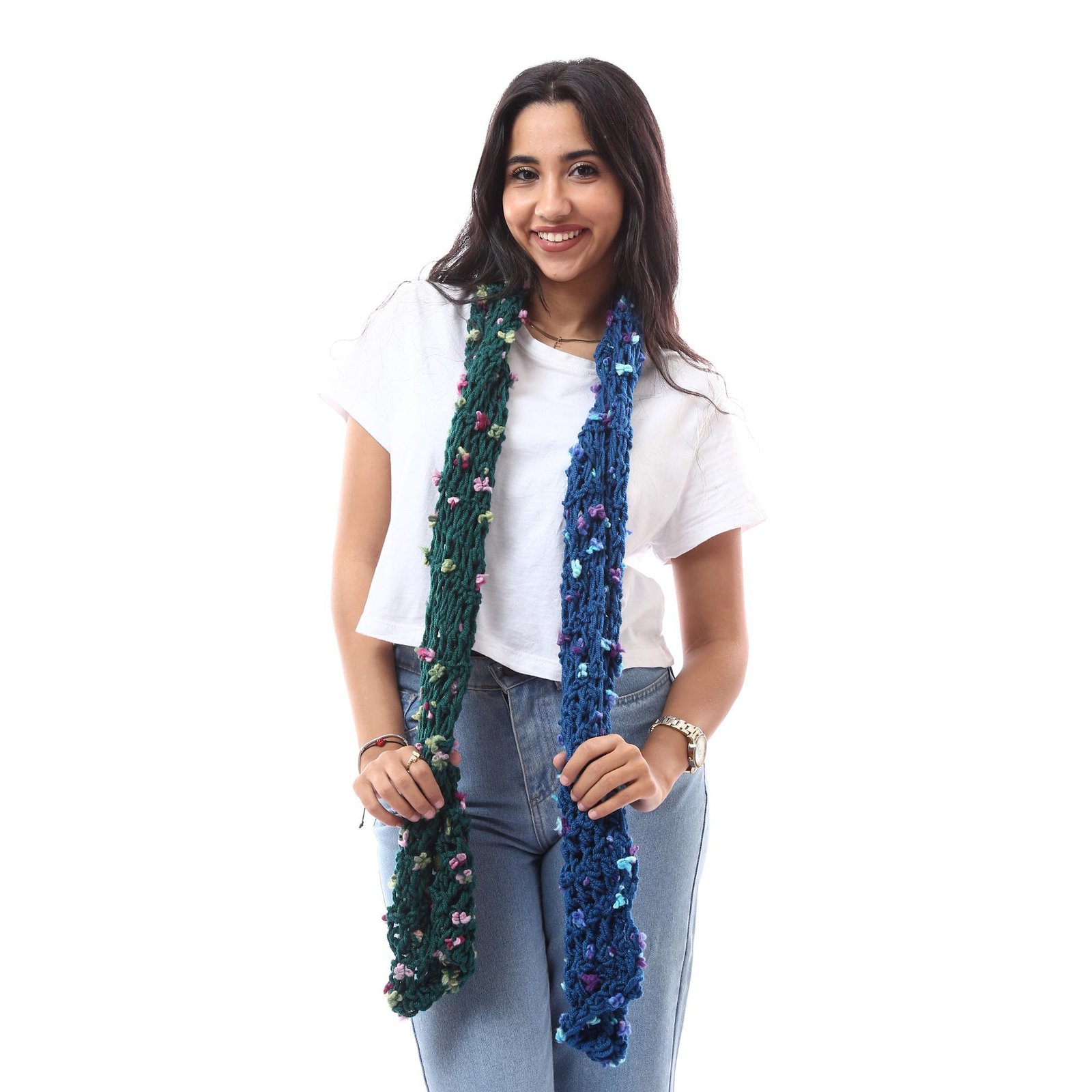 Wool Mix Flowers Tie Scarf Crochet Handmade - Image 2