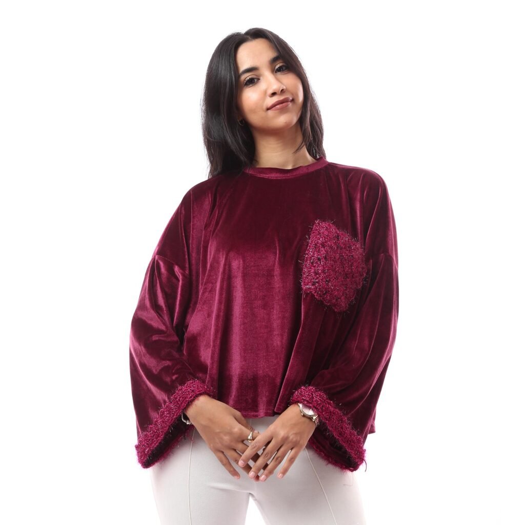 Oversize Silky Velvet Plush Blouse Luxurious Pocket Crochet Handmade