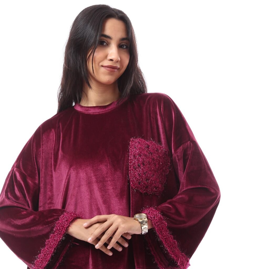 Oversize Silky Velvet Plush Blouse Luxurious Pocket Crochet Handmade