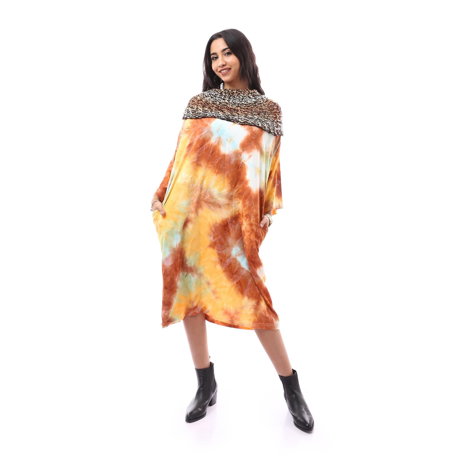 Fancy Crepe Dress Luxurious Wrap High Collar  Crochet - Image 1