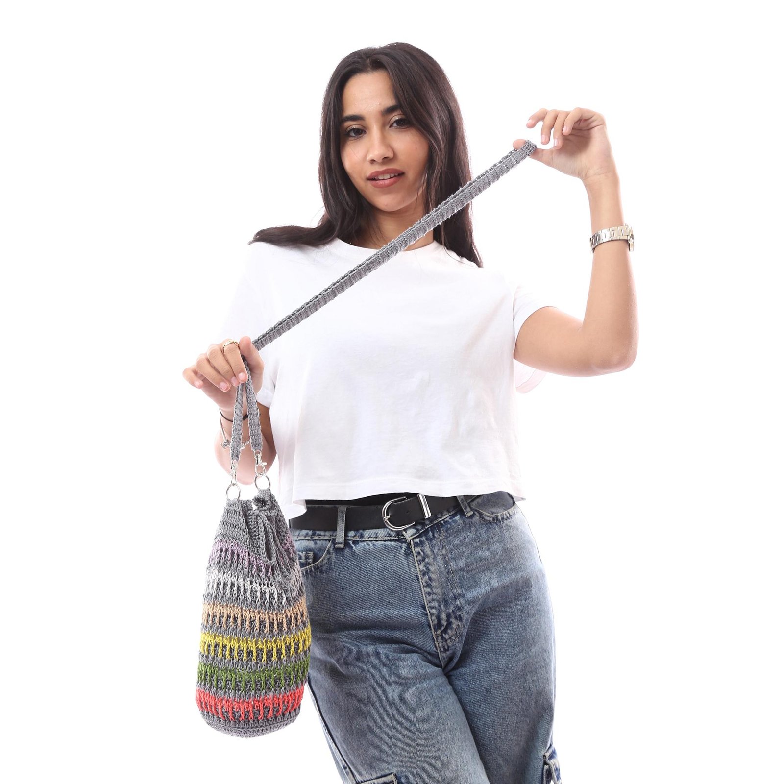 Fancy Bucket Cross Bag Silky Cotton Crochet Handmade - Image 2