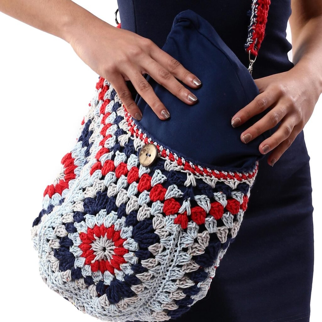 Fancy Cross Bag Granny Square Cotton Washed Crochet Handmade