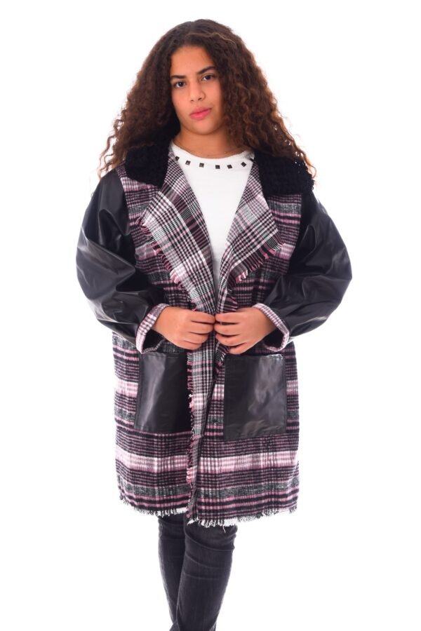 Open Wool Jacket Leather Sleeves Collar  Crochet