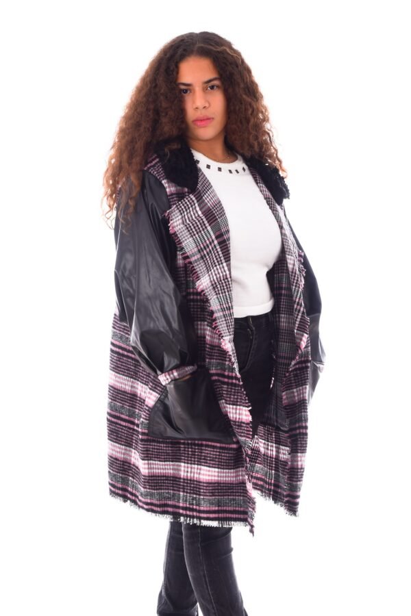 Open Wool Jacket Leather Sleeves Collar  Crochet