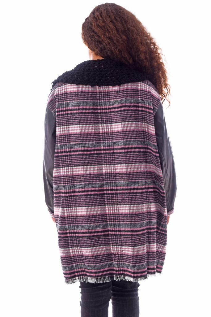 Open Wool Jacket Leather Sleeves Collar  Crochet