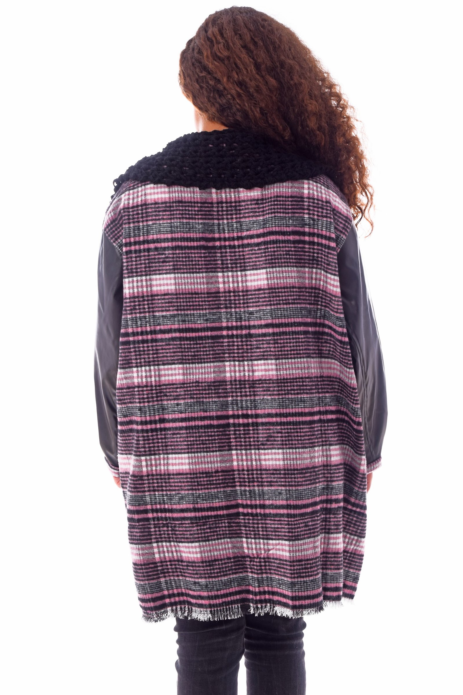 Open Wool Jacket Leather Sleeves Collar  Crochet - Image 4