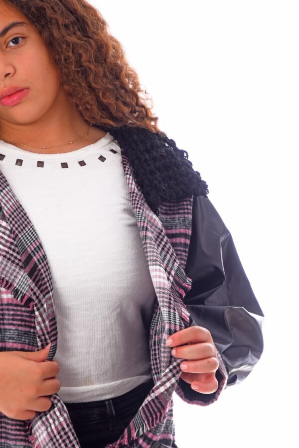 Open Wool Jacket Leather Sleeves Collar  Crochet