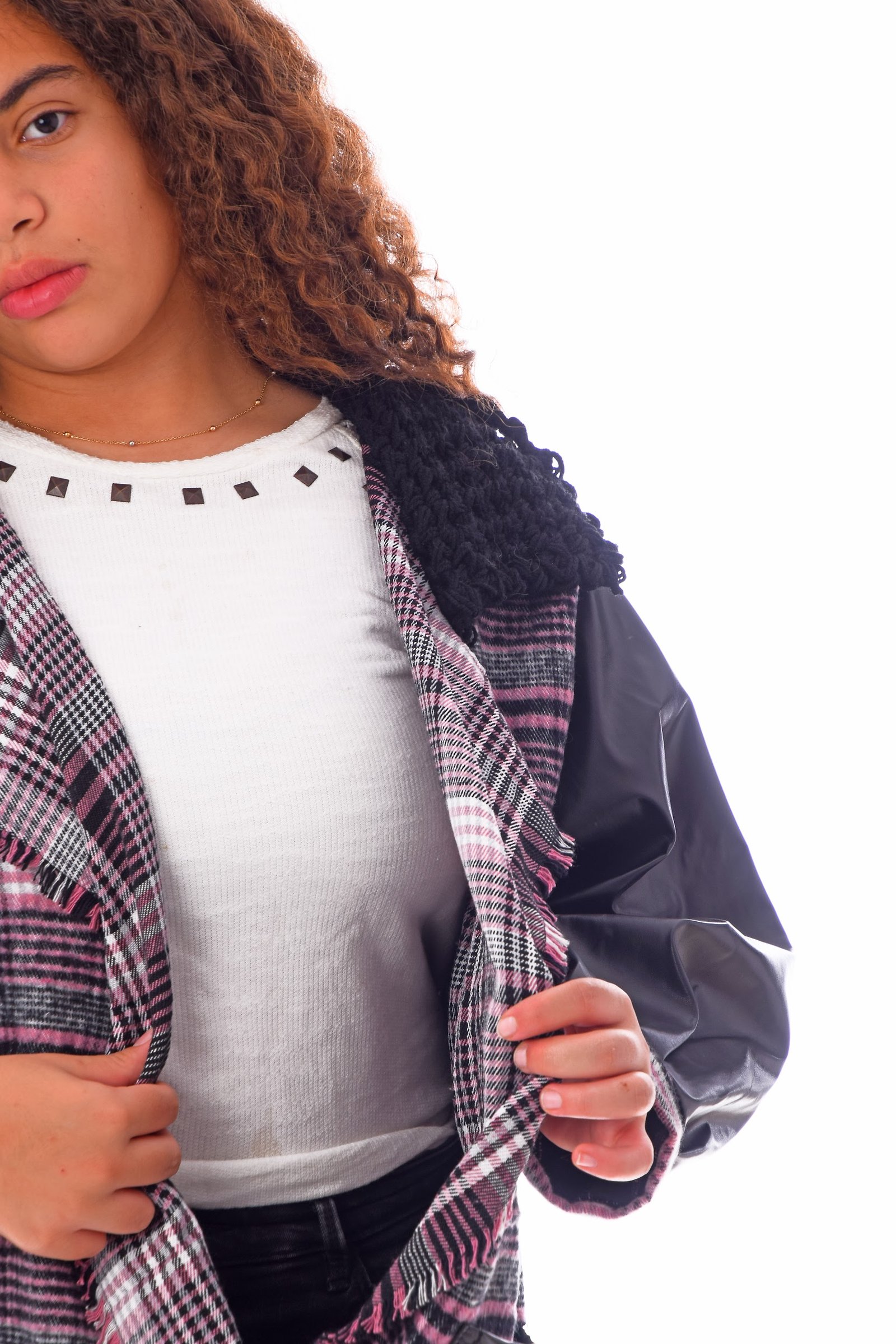 Open Wool Jacket Leather Sleeves Collar  Crochet - Image 6